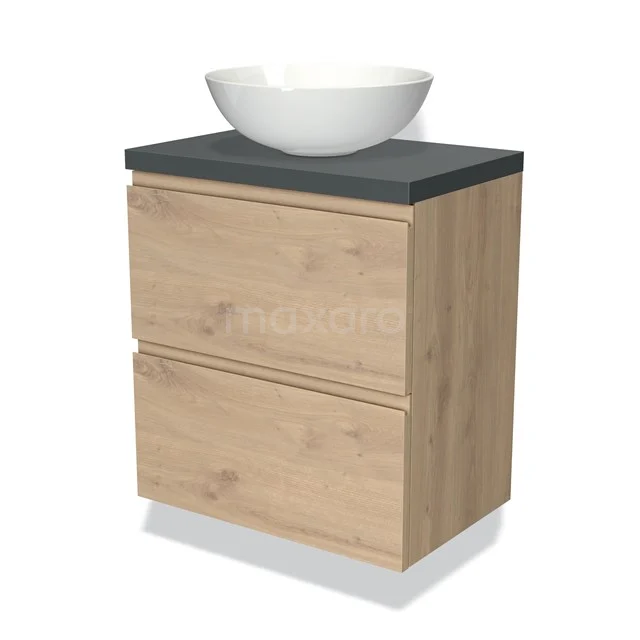 Badmöbel mit Konsole 60cm Modulo Plato Slim Hellbraune Eiche 2 Schubladen Grifflos BMK37-02287 Holz Badezimmermöbel mit zwei Schubladen, schwarzer Top und weißem schalenförmigen Waschbecken, modernes Design, ideal für jedes Badezimmer.