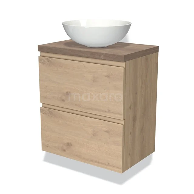 Badmöbel mit Konsole 60cm Modulo Plato Slim Hellbraune Eiche 2 Schubladen Grifflos BMK37-02292 Holz-Badmöbel mit zwei Schubladen und weißem runden Aufsatzwaschbecken, ideal für eine stilvolle und praktische Badezimmergestaltung.