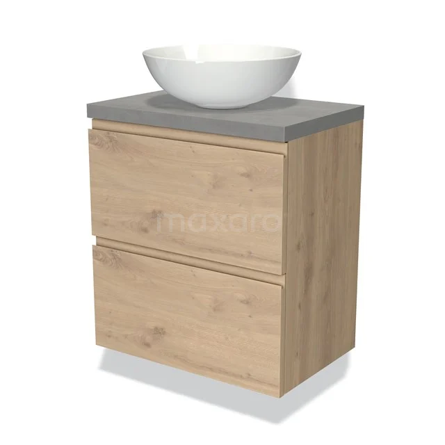 Holz-Badmöbel mit grauer Platte, zwei Schubladen und weißem Aufsatzwaschbecken; kompaktes Design, ideal für moderne Badezimmerinterieurs.