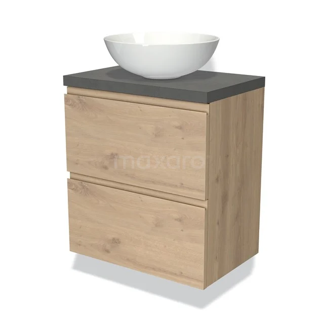 Modulo Plato Slim Vanity units for countertop basin | 60 cm Light brown oak Handle-less front Dark grey concrete worktop 2 Stacked drawers BMK37-02296