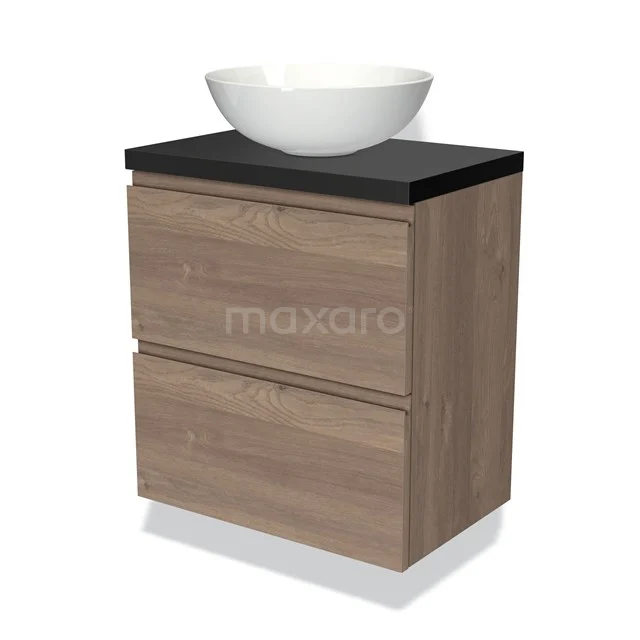 Hölzerner Badschrank mit zwei Schubladen, schwarzer Platte und weißem runden Aufsatzwaschbecken; modernes Design für ein stilvolles Badezimmer.