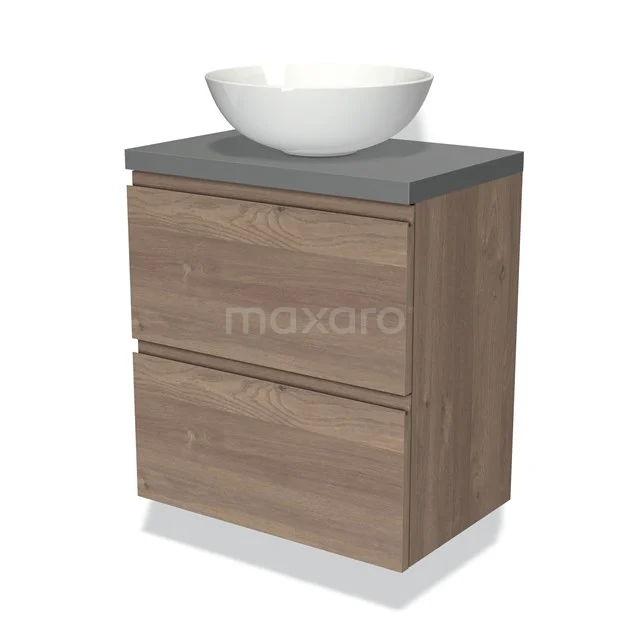 Modulo Plato Slim Vanity units for countertop basin | 60 cm Mid brown oak Handle-less front Mid grey worktop 2 Stacked drawers BMK37-02298