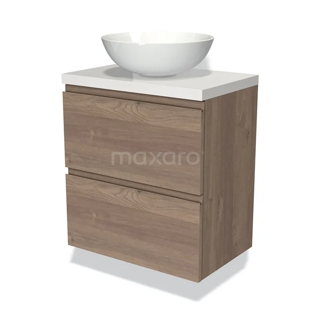 Holz Badezimmermöbel mit einem weißen Aufsatzwaschbecken, modernes Design, zwei Schubladen und hochwertiger Verarbeitung in Eichelook.