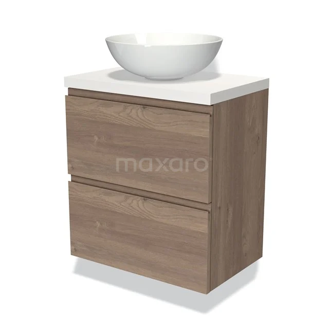 Holz Badezimmermöbel mit zwei Schubladen und weißem Aufsatzwaschbecken, modernes Design, ideal für stilvolles Verstauen im Badezimmer.