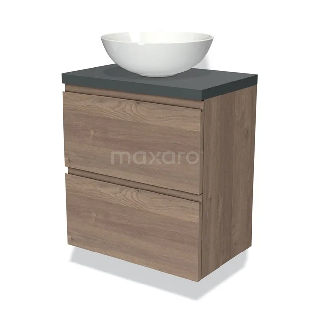 Modulo Plato Slim Vanity units for countertop basin | 60 cm Mid brown oak Handle-less front Dark grey worktop 2 Stacked drawers BMK37-02301