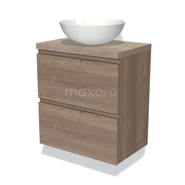 Modulo Plato Slim Vanity units for countertop basin | 60 cm Mid brown oak Handle-less front Oak worktop 2 Stacked drawers BMK37-02303