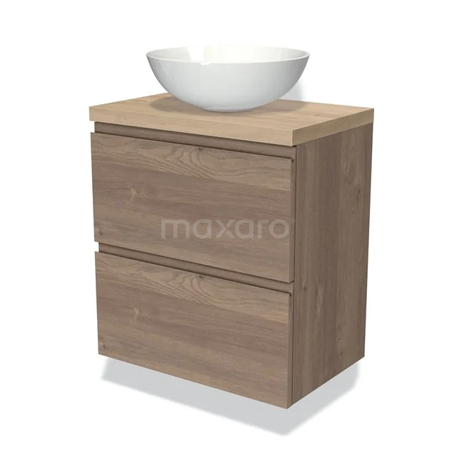 Hölzernes Badezimmermöbel mit zwei Schubladen und einem weißen schalenförmigen Waschbecken, ideal für moderne Badezimmergestaltung.