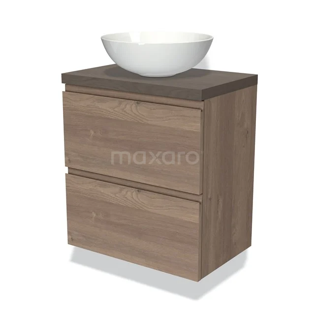 Modulo Plato Slim Vanity units for countertop basin | 60 cm Mid brown oak Handle-less front Dark brown oak worktop 2 Stacked drawers BMK37-02307