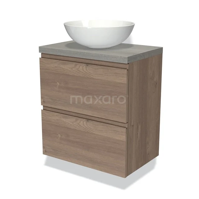 Badmöbel Holzoptik, mit Betonoptik Platte und rundem weißen Aufsatzwaschbecken, modernes und kompaktes Design mit 2 Schubladen.