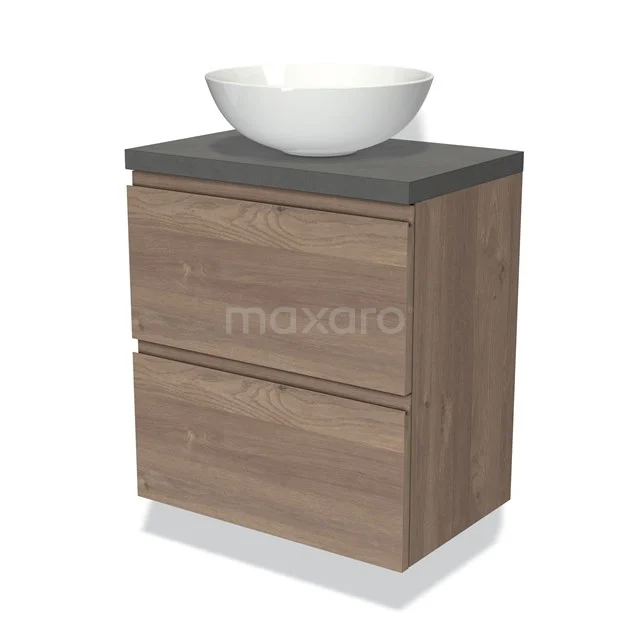 Modulo Plato Slim Vanity units for countertop basin | 60 cm Mid brown oak Handle-less front Dark grey concrete worktop 2 Stacked drawers BMK37-02310