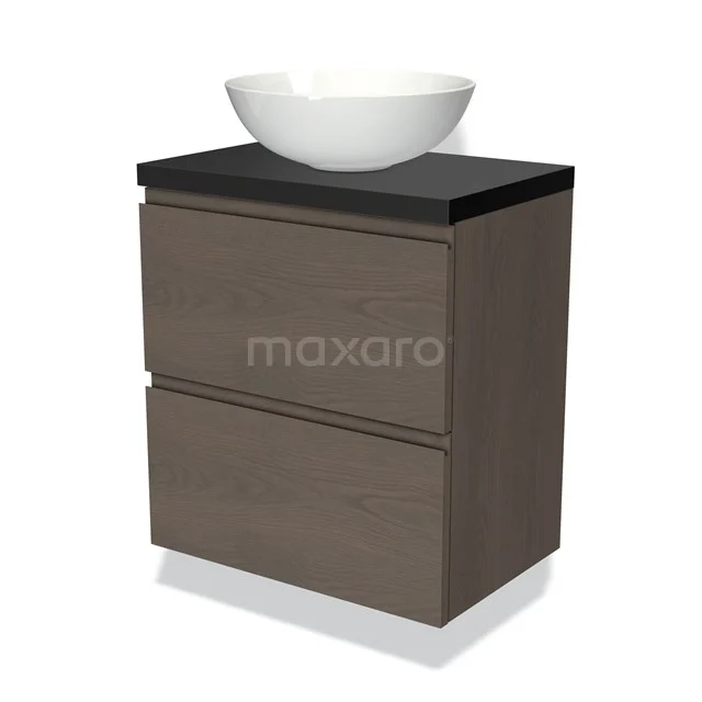 Modulo Plato Slim Vanity units for countertop basin | 60 cm Dark brown oak Handle-less front Matte black worktop 2 Stacked drawers BMK37-02311