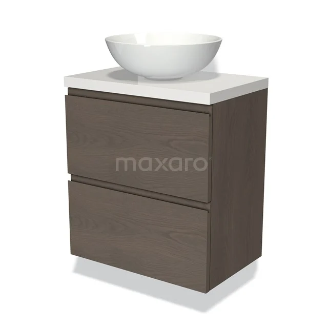 Modulo Plato Slim Badmöbel mit Aufsatzwaschbecken | 60 cm Dunkelbraune Eiche Grifflos front Hochglanz Weiß blatt 2 übereinanderliegende Schubladen BMK37-02313 Kompakte Badmöbel mit Holzstruktur, weißem Waschbecken und zwei Schubladen; ideal für moderne Badezimmergestaltung.