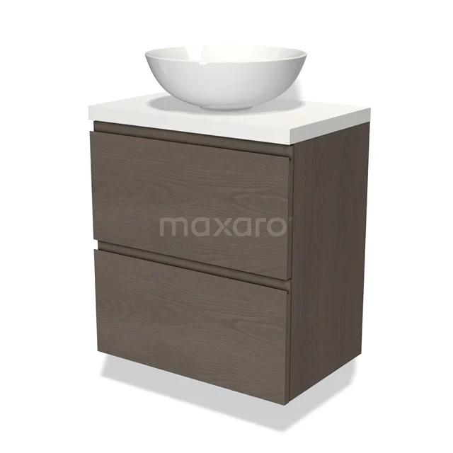 Modulo Plato Slim Vanity units for countertop basin | 60 cm Dark brown oak Handle-less front Matte white worktop 2 Stacked drawers BMK37-02314