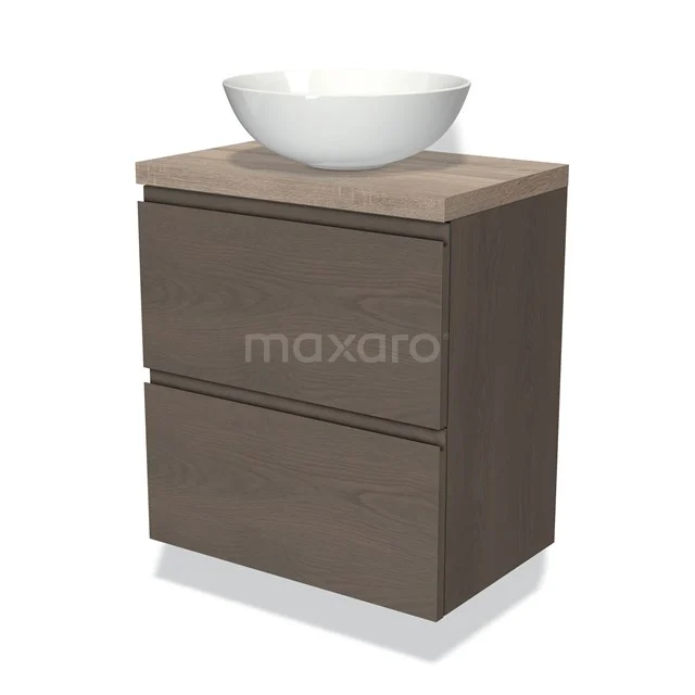 Modulo Plato Slim Vanity units for countertop basin | 60 cm Dark brown oak Handle-less front Oak worktop 2 Stacked drawers BMK37-02317