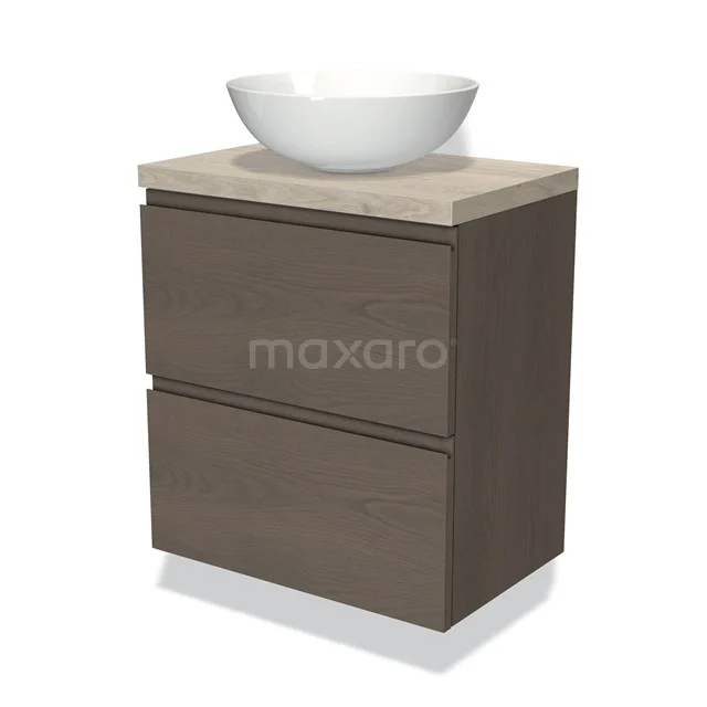 Modulo Plato Slim Vanity units for countertop basin | 60 cm Dark brown oak Handle-less front Light grey oak worktop 2 Stacked drawers BMK37-02318