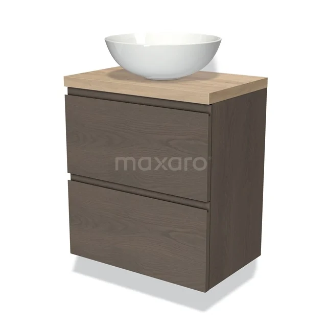 Modulo Plato Slim Badmöbel mit Aufsatzwaschbecken | 60 cm Dunkelbraune Eiche Grifflos front Hellbraune Eiche blatt 2 übereinanderliegende Schubladen BMK37-02319 Holz Badezimmermöbel mit zwei Schubladen, weißem keramischen Waschbecken und einem klaren Design für moderne Bäder.