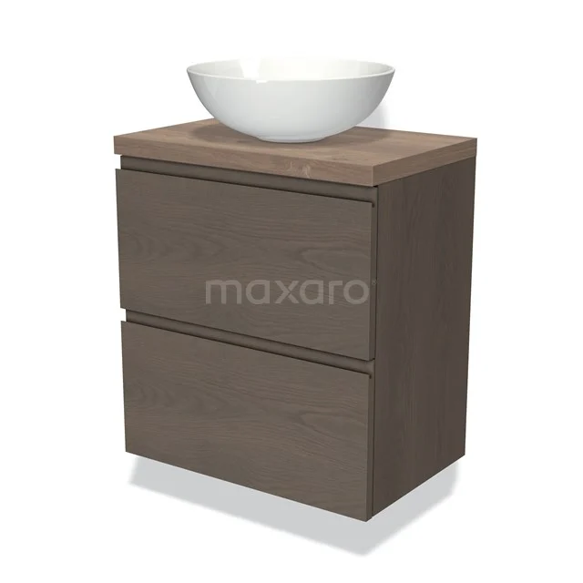 Modulo Plato Slim Vanity units for countertop basin | 60 cm Dark brown oak Handle-less front Mid brown oak worktop 2 Stacked drawers BMK37-02320