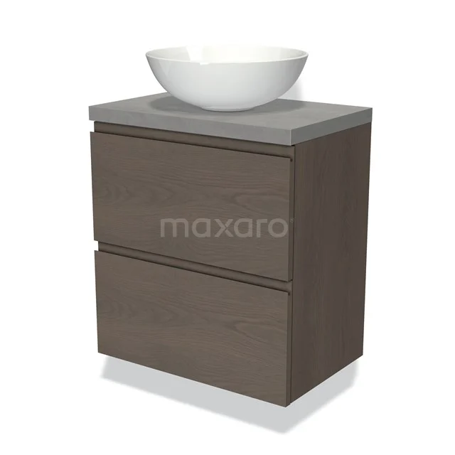 Hölzernes Badmöbel mit grauer Waschtischplatte und weißem keramischen Aufsatzwaschbecken, modernes Design, ideal für kompakte Bäder.