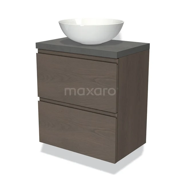 Modulo Plato Slim Badmöbel mit Aufsatzwaschbecken | 60 cm Dunkelbraune Eiche Grifflos front Dunkelgrauer Beton blatt 2 übereinanderliegende Schubladen BMK37-02324 Holz-Badmöbel mit mattem grauen Top, zwei Schubladen und einem weißen keramischen Aufsatzwaschbecken, ideal für moderne Bäder.