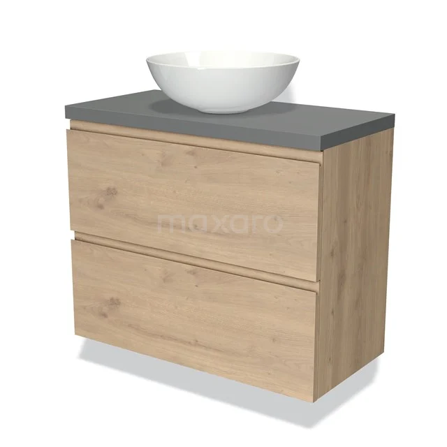 Modulo Plato Slim Badkamermeubel voor waskom | 80 cm Lichtbruin eiken Greeploos front Middengrijs blad 2 lades onder elkaar BMK37-02326