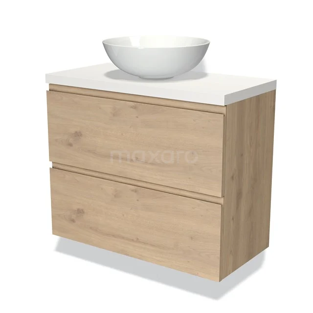 Holz Badezimmermöbel mit zwei Schubladen, weißem Aufsatzwaschbecken und modernem Design, ideal für eine moderne Badezimmer Einrichtung.