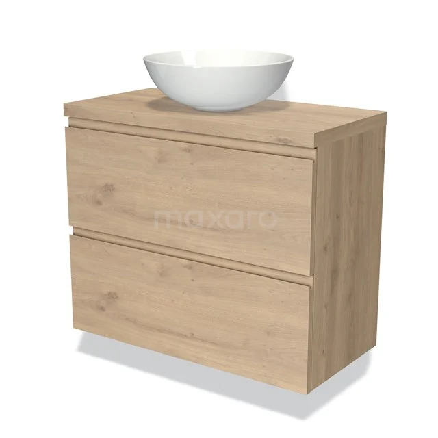 Modulo Plato Slim Badmöbel mit Aufsatzwaschbecken | 80 cm Hellbraune Eiche Grifflos front Hellbraune Eiche blatt 2 übereinanderliegende Schubladen BMK37-02333 Holz Badezimmermöbel mit zwei Schubladen und einem weißen Aufsatzwaschbecken, moderner Stil, ideal für eine stilvolle Badezimmerinrichtung.