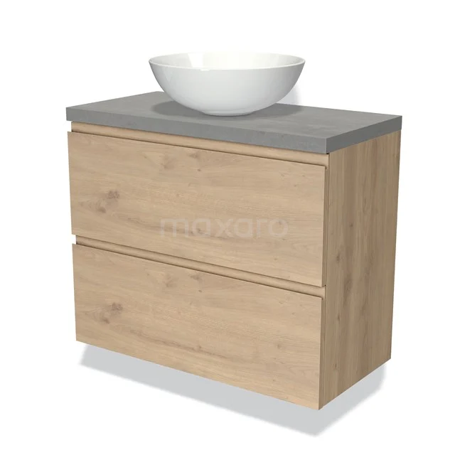 Badmöbel Holzoptik mit grauer Platte und weißem komfömigen Waschbecken, modernes Design mit zwei Schubladen.