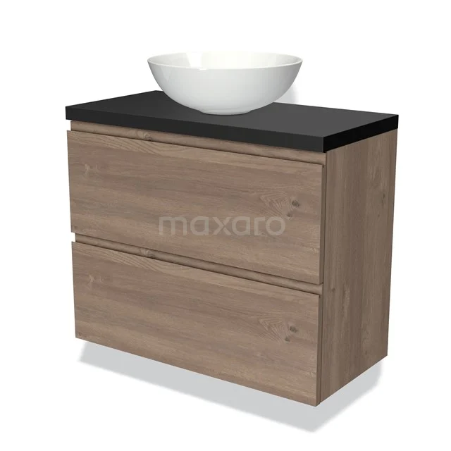 Modulo Plato Slim Vanity units for countertop basin | 80 cm Mid brown oak Handle-less front Matte black worktop 2 Stacked drawers BMK37-02339