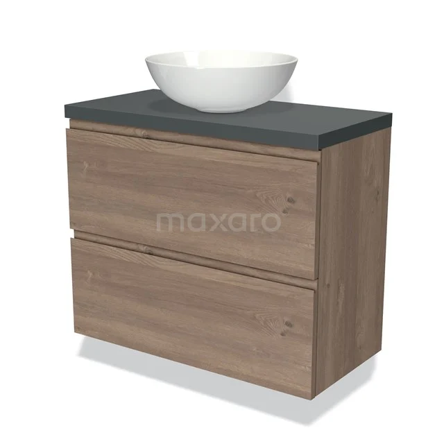 Holz-Waschtisch mit grauer Platte, weißem keramischen Aufsatzwaschbecken und zwei Schubladen, ideal für stilvolle Badezimmerlagerung.