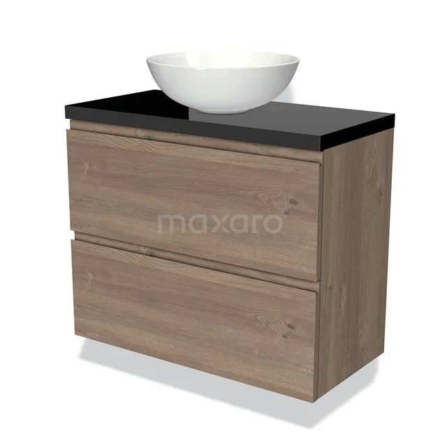 Modulo Plato Slim Badmöbel mit Aufsatzwaschbecken | 80 cm Mittelbraune Eiche Grifflos front Hochglanz Schwarz blatt 2 übereinanderliegende Schubladen BMK37-02344 Holz-Badmöbel mit modernem Aufsatzwaschbecken, schwarzer Oberplatte und doppelter Schublade, ideal für ein stilvolles Badezimmer.