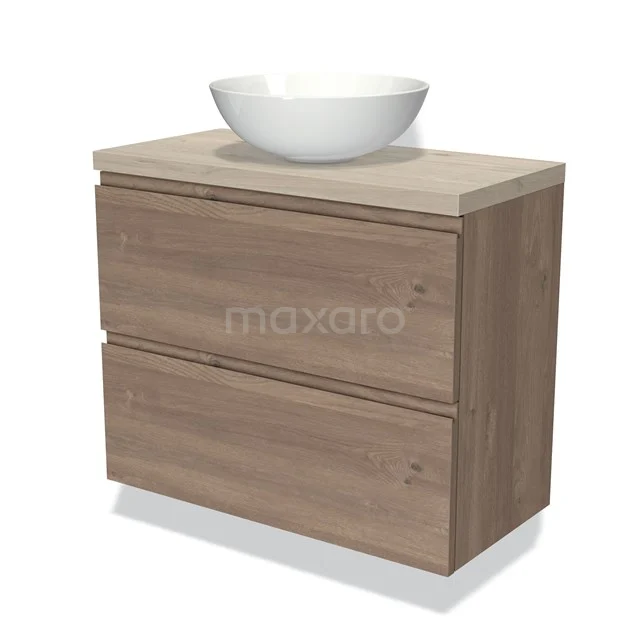 Modulo Plato Slim Vanity units for countertop basin | 80 cm Mid brown oak Handle-less front Light grey oak worktop 2 Stacked drawers BMK37-02346