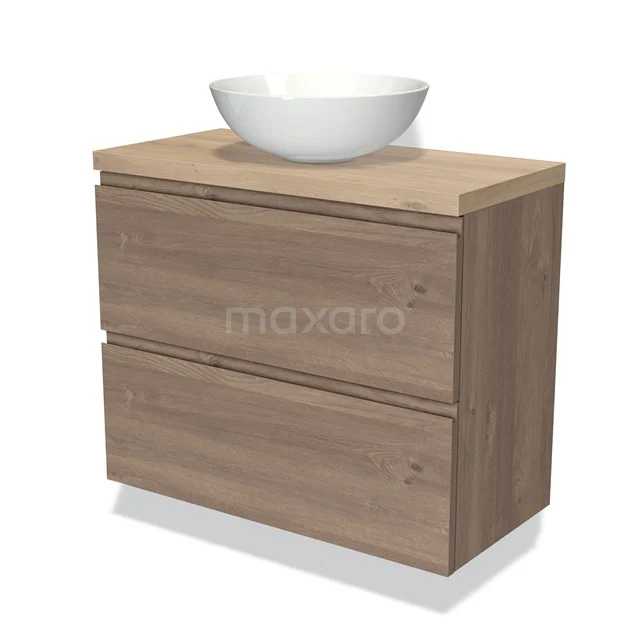 Modulo Plato Slim Vanity units for countertop basin | 80 cm Mid brown oak Handle-less front Light brown oak worktop 2 Stacked drawers BMK37-02347