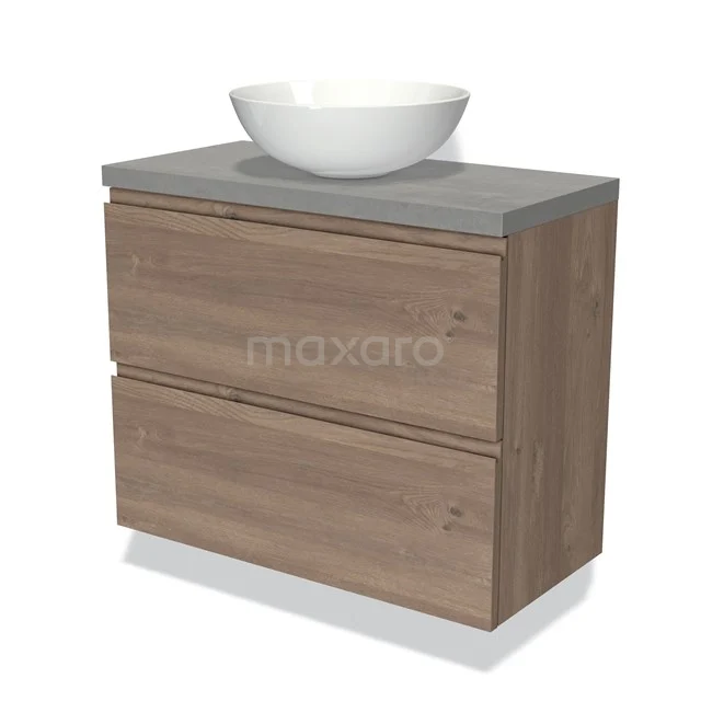 Modulo Plato Slim Vanity units for countertop basin | 80 cm Mid brown oak Handle-less front Light grey concrete worktop 2 Stacked drawers BMK37-02351