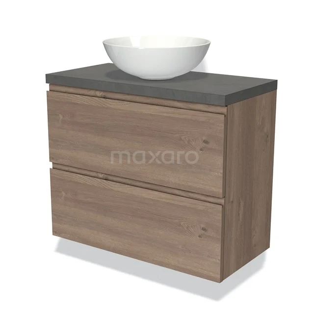 Modulo Plato Slim Vanity units for countertop basin | 80 cm Mid brown oak Handle-less front Dark grey concrete worktop 2 Stacked drawers BMK37-02352