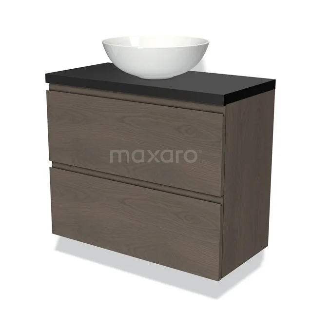 Holz Badezimmermöbel mit schwarzer Platte und weißem Aufsatzwaschbecken, modernes Design, geeignet für stilvolles Badezimmerinterieur.