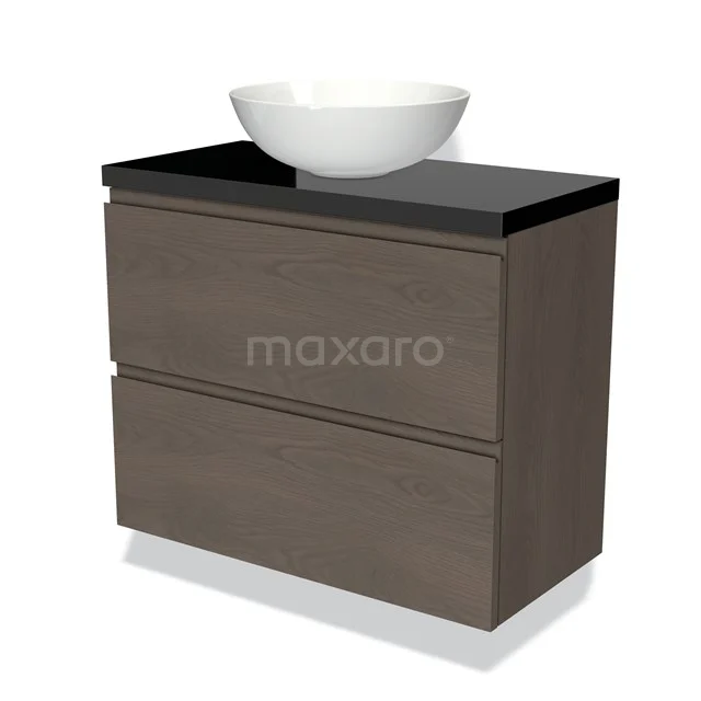 Hölzernes Badezimmermöbel mit dunklen Fronten, schwarzer Waschtischplatte und weißer komförmiger Waschbecken, ideal für ein modernes Badezimmer.