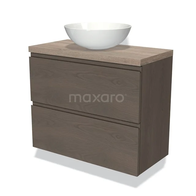 Modulo Plato Slim Vanity units for countertop basin | 80 cm Dark brown oak Handle-less front Oak worktop 2 Stacked drawers BMK37-02359