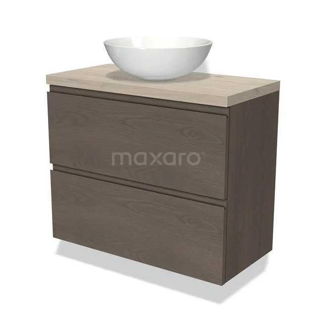 Badmöbel Holzoptik mit weißem keramischen Aufsatzwaschbecken, zwei Schubladenschränken und einem modernen Design für stilvolle Bäder.