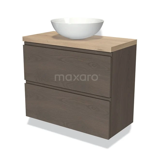 Holz-Badmöbel mit weißem Aufsatzwaschbecken, zwei Schubladen und Eiche-Oberfläche, ideal für moderne Badezimmergestaltung.