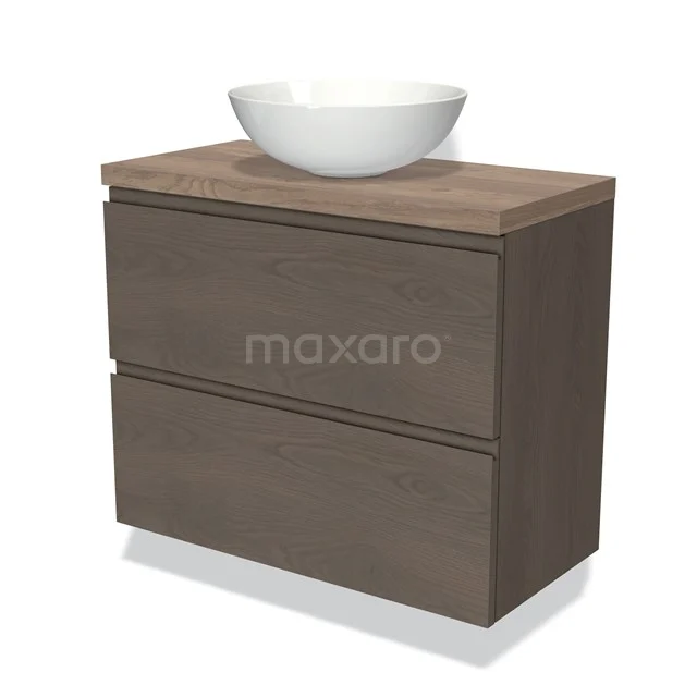 Modulo Plato Slim Vanity units for countertop basin | 80 cm Dark brown oak Handle-less front Mid brown oak worktop 2 Stacked drawers BMK37-02362