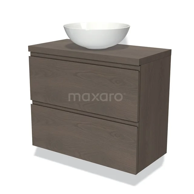 Modulo Plato Slim Vanity units for countertop basin | 80 cm Dark brown oak Handle-less front Dark brown oak worktop 2 Stacked drawers BMK37-02363