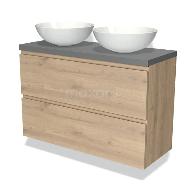 Holz Badezimmermöbel mit zwei weißen keramischen Aufsatzwaschbecken und grauer Platte, modernes Design mit Softclose Schubladen.