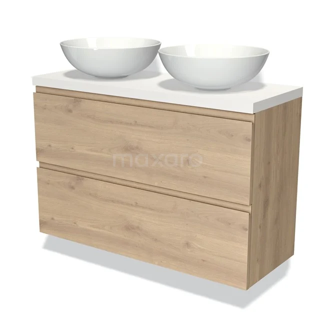 Holz Badmöbel mit zwei weißen Aufsatzwaschbecken, modernes Design, ideal für stilvolle und praktische Bäder.