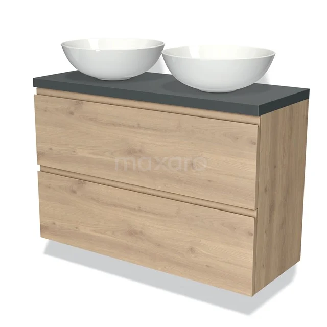 Hölzerne Badmöbel mit zwei Waschbecken, grauer Platte und Softclose Schubladen; perfekt für moderne Bäder.