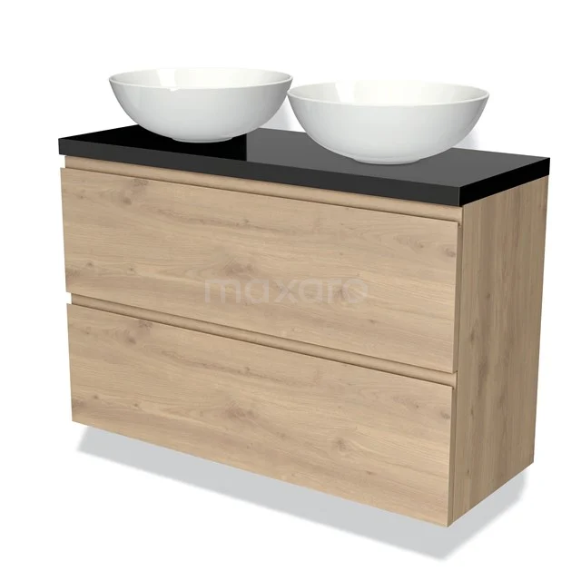 Badmöbel mit Konsole 100cm Modulo Plato Slim Hellbraune Eiche 2 Schubladen Grifflos BMK37-02372 Hölzernes Badmöbel mit zwei weißen Aufsatzwaschbecken und schwarzer Platte, moderner Stil für eine stilvolle Badezimmergestaltung.