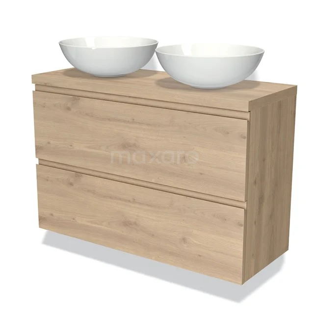 Holz Badezimmermöbel mit zwei weißen ovalen Aufsatzwaschbecken, modernes Design, ideal für ein stilvolles und funktionales Badezimmer.