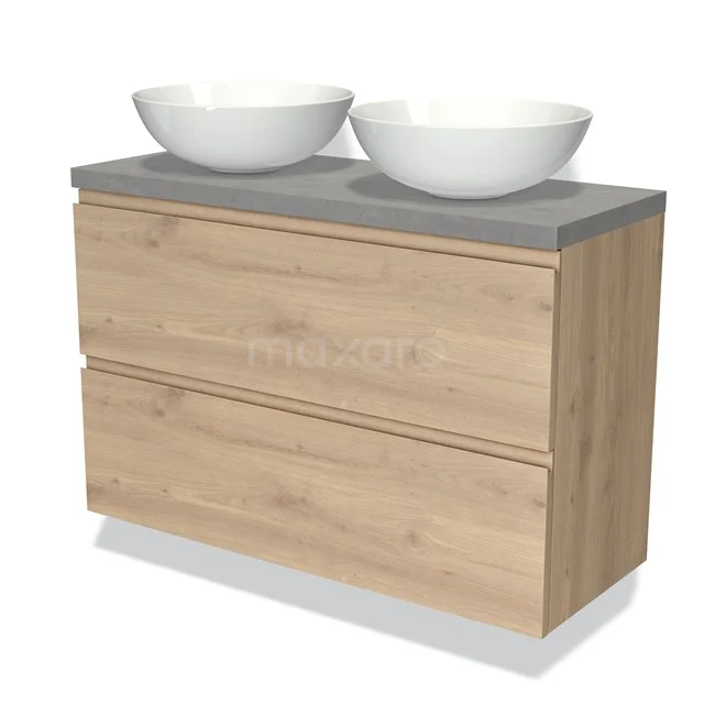 Badmöbel mit Konsole 100cm Modulo Plato Slim Hellbraune Eiche 2 Schubladen Grifflos BMK37-02379 Holz Badezimmermöbel mit zwei weißen Aufsatzwaschbecken und Beton Platte, modernes Design und natürliche Holzoptik.