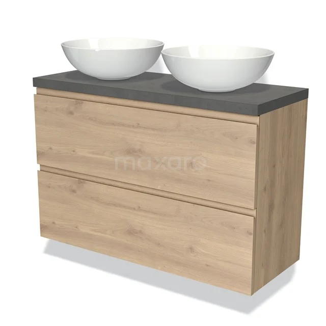 Modulo Plato Slim Badmöbel mit Aufsatzwaschbecken | 100 cm Hellbraune Eiche Grifflos front Dunkelgrauer Beton blatt 2 übereinanderliegende Schubladen BMK37-02380 Hölzernes Badezimmermöbel mit grauer Platte und zwei weißen Aufsatzwaschbecken, zeitgenössischer Stil perfekt für moderne Bäder.