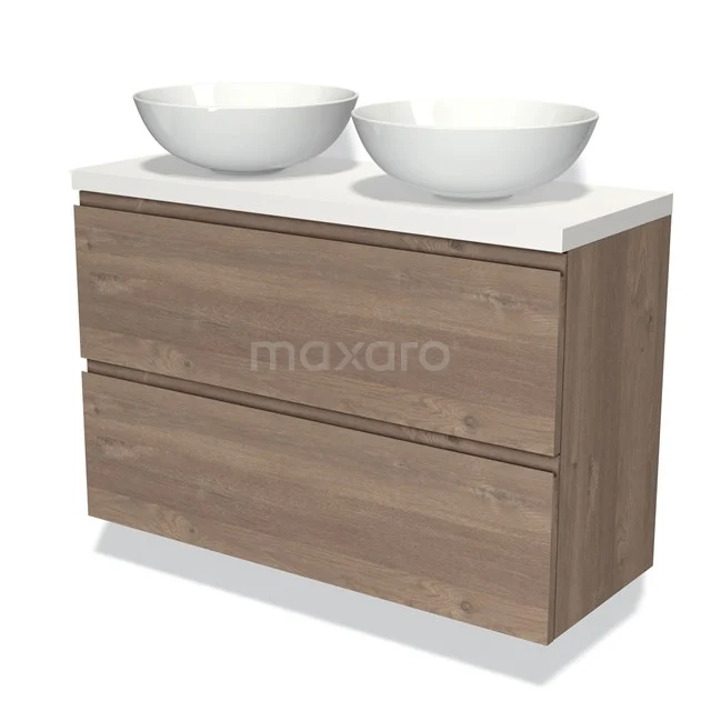 Modulo Plato Slim Vanity units for countertop basin | 100 cm Mid brown oak Handle-less front Matte white worktop 2 Stacked drawers BMK37-02384