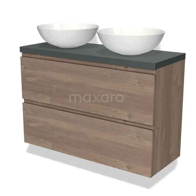 Modulo Plato Slim Vanity units for countertop basin | 100 cm Mid brown oak Handle-less front Dark grey worktop 2 Stacked drawers BMK37-02385